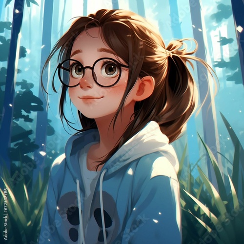 AI-generated illustration of A Caucasian female wearing glasses standing in a field of lush