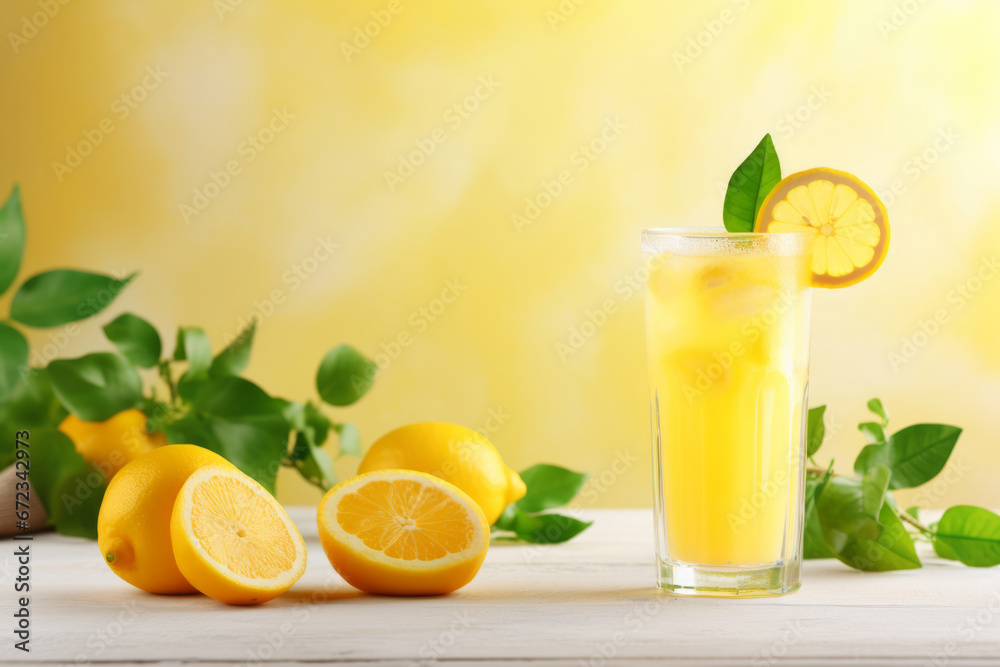 Freshly squeezed lemonade on yellow background. Glass of lemon juice and cut fresh lemons. Generative AI Freshly squeezed lemonade on yellow background. Glass of lemon juice and cut fresh lemons. Generative AI