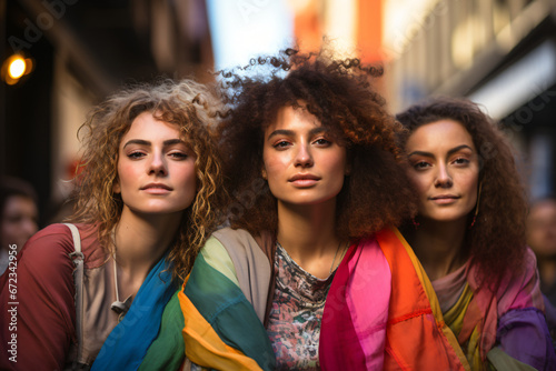 Close-up of three individuals at a pride parade with a serious expression of solidarity photo