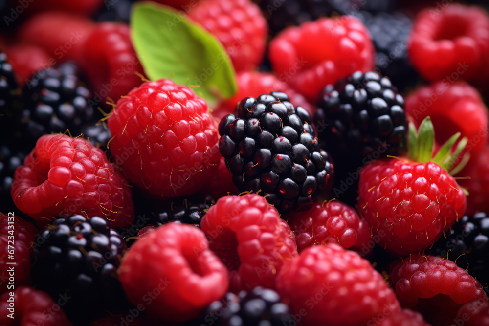 Background of fresh fruits and berries. Ripe blackberries, strawberries, raspberries. Mix berries and fruits. Generative AI Background of fresh fruits and berries. Ripe blackberries, strawberries, raspberries. Mix berries and fruits. Generative AI