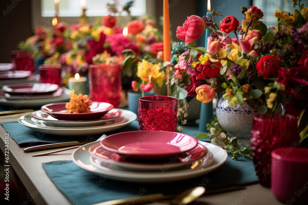 Valentines day gathering: table with runners, vibrant blooms, and dinnerware. Elegant table setting. Generative AI