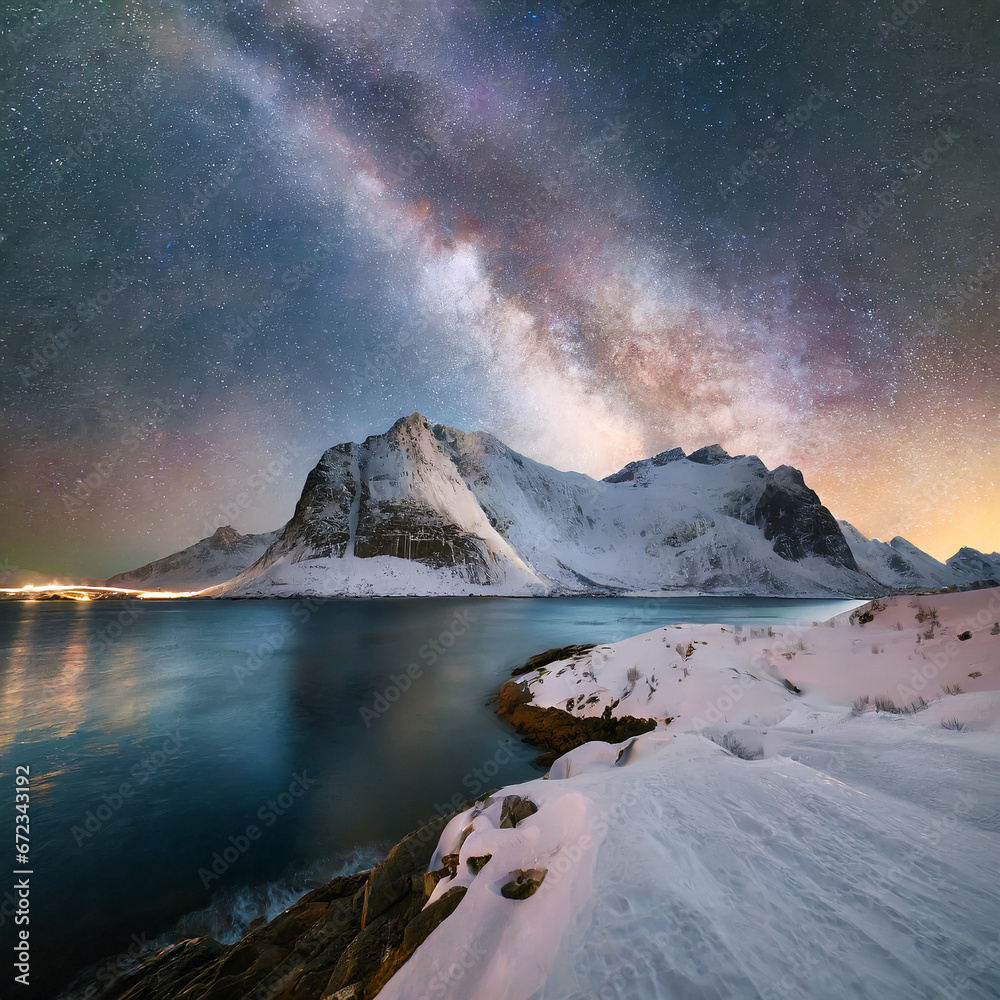 Milky Way above frozen sea coast and snow covered mountains in winter at night in Lofoten Islands, Norway