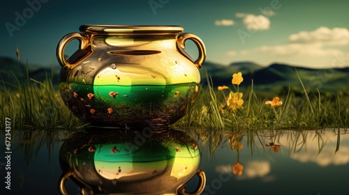 Golden pot at the end of a rainbow on a green field background. St Patrick's day concept