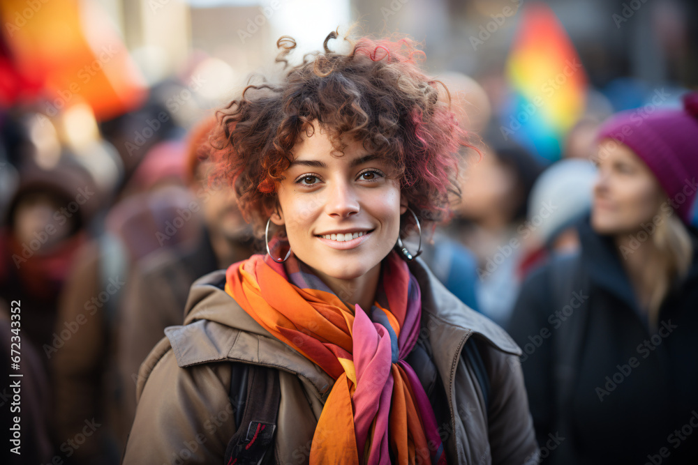Woman with scarf smiles in crowd