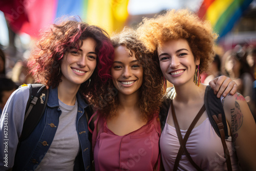 Friends embrace at pride parade