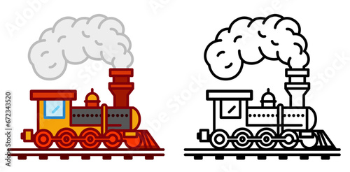Steam powered train with a prominent smokestack releasing steam, colored and black and white line artwork vector illustration, vintage charcoal train stock vector image