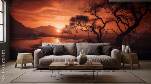 Room with extra large sofa, wooden table and photo wallpaper 8k, © Creative artist1