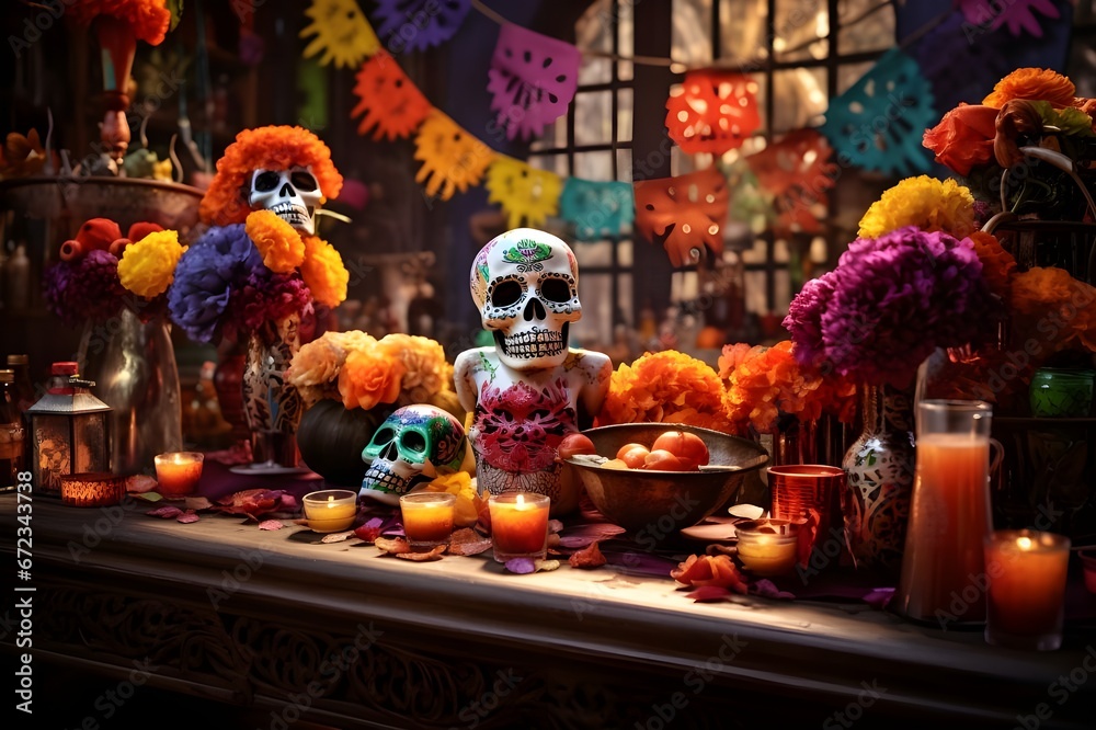 The vibrant colors of a Mexican Day of the Dead celebration.
