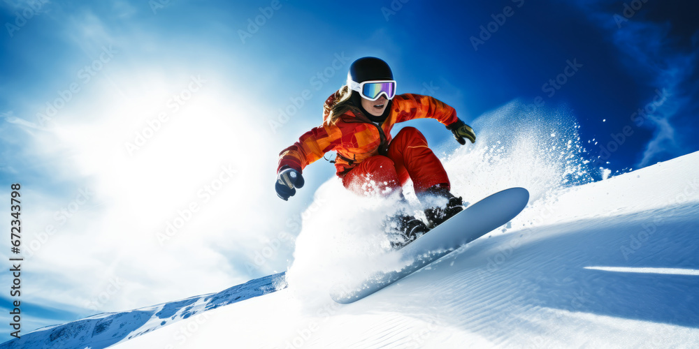 Young woman snowboarding fast with motion blur.