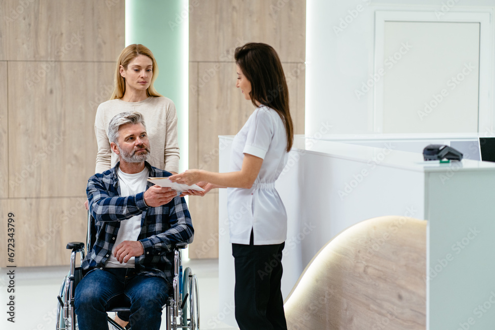 Professional female receptionist talking and to charming