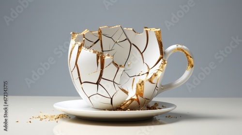 broken white kintsugi cup glued with gold ai generated