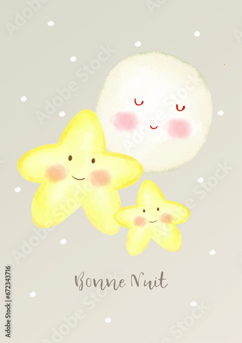 Carte ou bandeau pour souhaiter une bonne nuit en gris avec au dessus deux étoiles jaune et une lune blanche pour des enfants sur un fond gris avec des points blancs