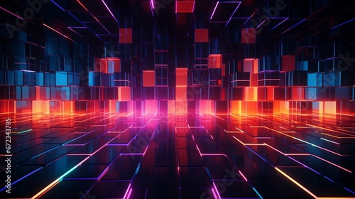 A sea of glowing neon grids suspended in a dark void.