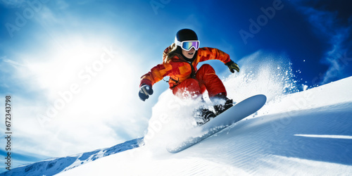 Young woman snowboarding fast with motion blur. photo