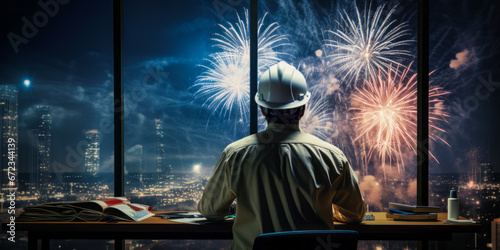 Engineer in hardhat admiring fireworks from office window.