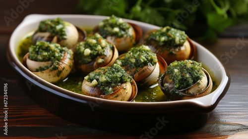 escargots, snails with garlic butter Generative AI
