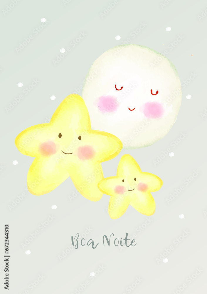 Cartão ou banner para desejar boa noite na cor cinza com duas estrelas amarelas acima e uma lua branca para crianças sobre fundo cinza com pontos brancos