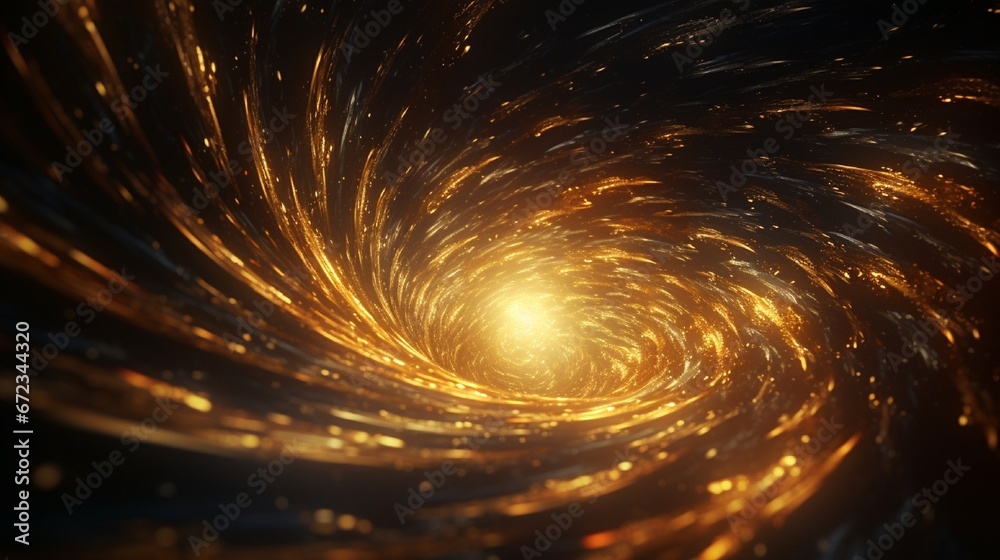 A spiraling vortex of golden particles revolving around an invisible central axis in an otherwise dimly lit space.