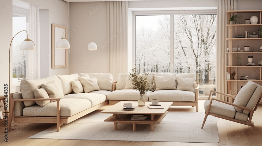 Scandinavian interior design living room with beige colored furniture and wooden elements 8k,
