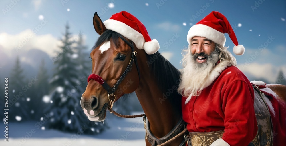 Fototapeta premium Illustration of a Santa Claus and brown horse wearing a red Santa Claus hat, posing on a winter snowy background. Xmas 2023. Conceptual digital painting illustration. Generative AI