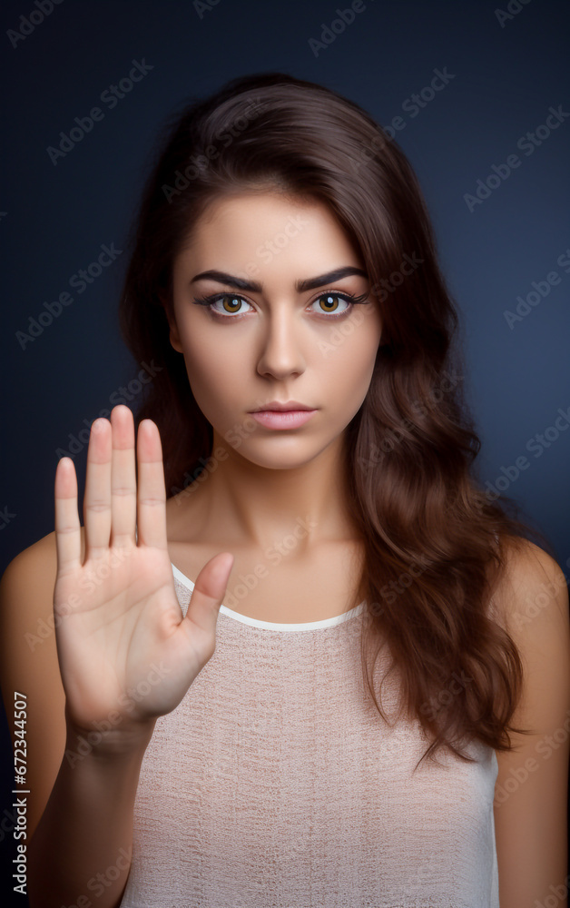 A young woman makes the stop gesture with her hand raised in front of her A young woman makes the stop gesture with her hand raised in front of her