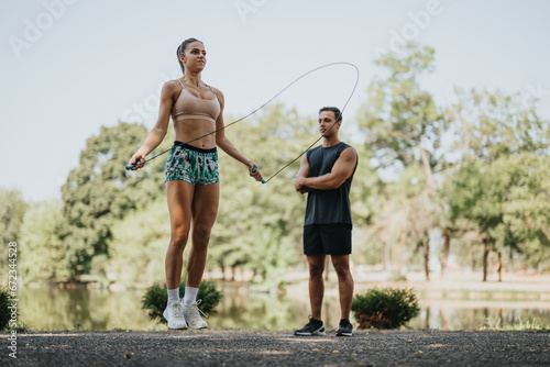 Active Friends Jumping Rope in a Sunny Park, Enjoying a Fresh Air Fitness Workout Together