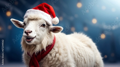 Illustration of a happy cute white sheep wearing a red Santa Claus hat and scarf posing on a winter snowy background. Xmas 2023. Conceptual digital painting illustration. Generative AI