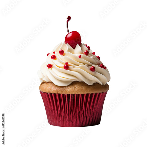 White Vanilla Cupcake and Icing frosting, red sprinkles and cherry on top, birthday cupcake, Isolated on Transparent Background PNG