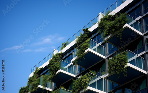 A green residential tower with climber plants. Generative AI