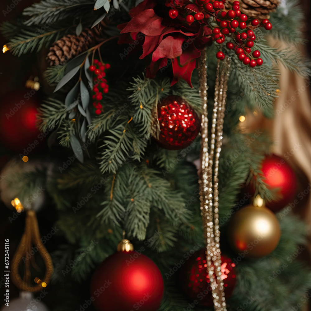 Moody Red and Green Holiday Florals and Chsristmas Tree Branches with Gold Ornaments and Twinkling Lights Background