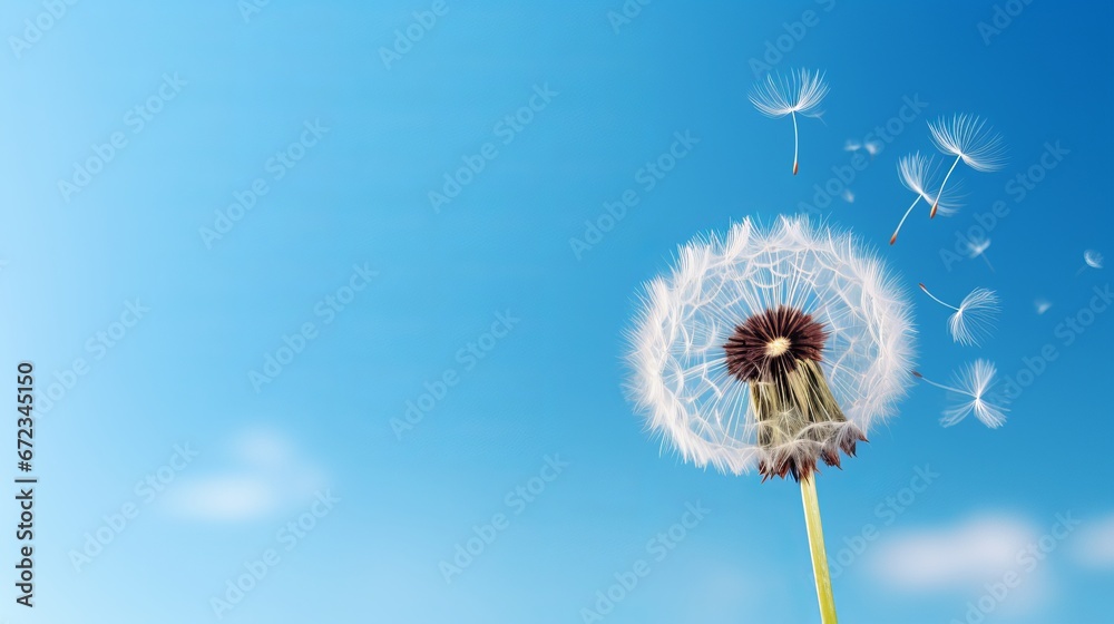 Fototapeta premium Dandelion Seeds Blowing in the Wind Against a Blue Sky