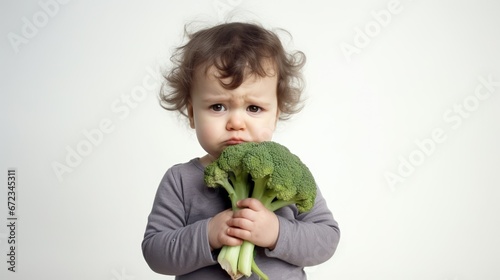 Sad kid dislike vegetables. Funny little boy doesn't want eat green broccoli. Cute child reject healthy food and hate vitamins. Unhappy childhood concept. Upset children kindergarten. White background photo
