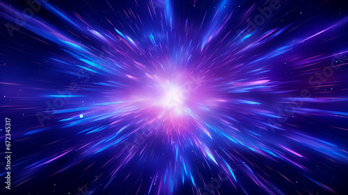 A neon glow of abstract colors illuminating the backdrop, depicting a cosmic explosion and the rapid motion of light within a galaxy. Generative AI