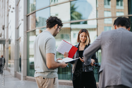 Business professionals collaborating in an urban city area, strategizing for growth. They analyze risks, plan finances, and develop sales strategies for a successful business.