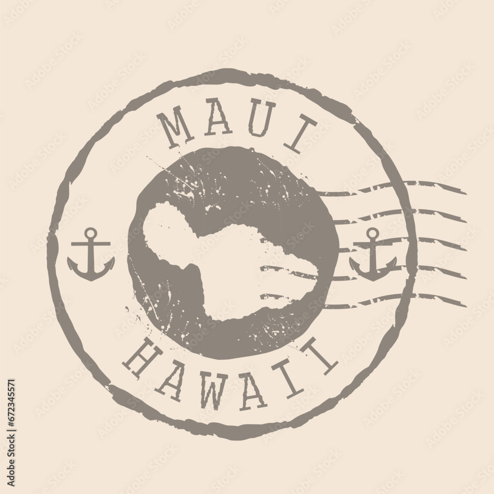 Stamp Postal Maui island. Map Silhouette rubber Seal.  Design Retro Travel. Seal  Map Maui of Hawaii grunge  for your design.  EPS10