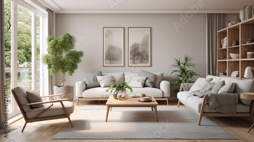 Scandinavian interior design living room with gray and beige colored furniture and wooden elements 8k 