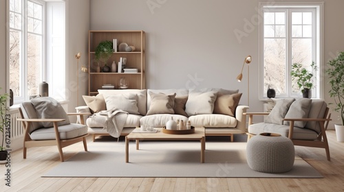 Scandinavian interior design living room with gray and beige colored furniture and wooden elements 8k 