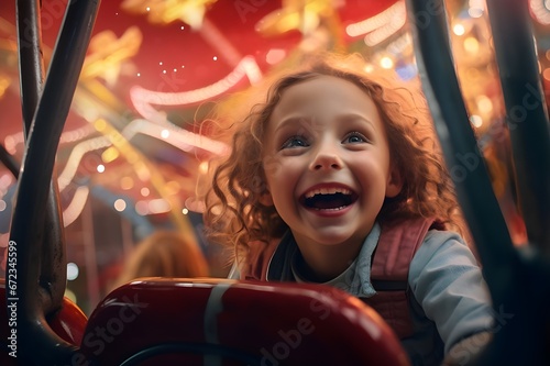 A young child's delighted face at a funfair. 