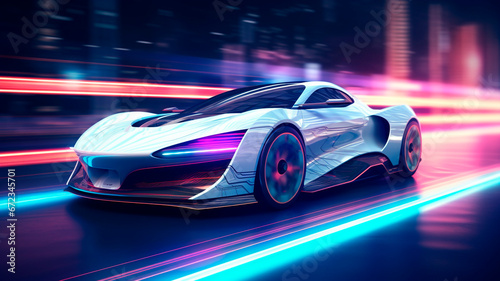 Concept for the overall design of an electric sports car in glossy white and neon. Generative AI