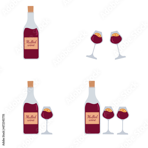 Wine bottles with glasses. A bottle of mulled wine or red wine with orange slices. Glasses filled with red wine or mulled wine. Set of alcoholic drinks with bottle and glasses. Vector illustration