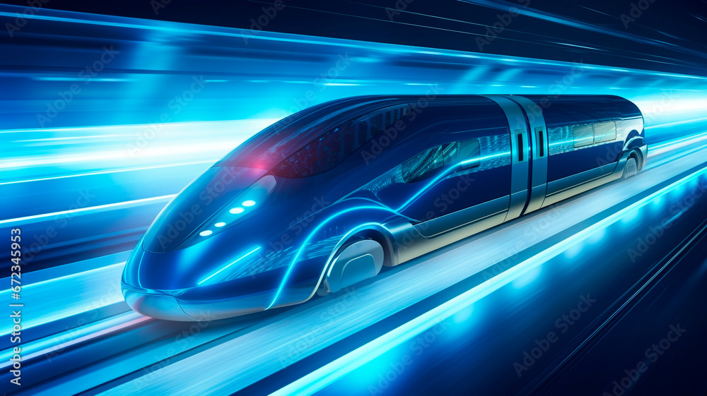 the concept of fast transportation and autonomy, featuring a futuristic bullet train or ultrasonic train capsule. Generative AI