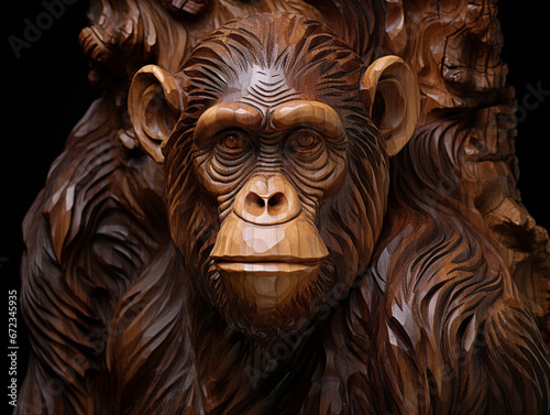 A Detailed Wood Carving of a Chimpanzee