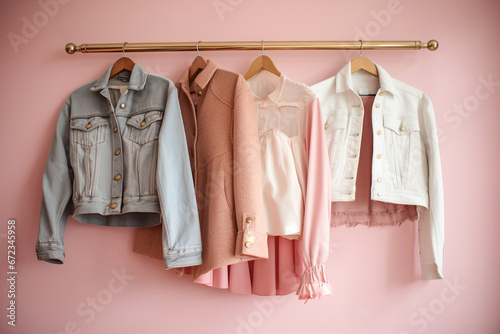 stylish outfits a pair of denim shorts and a jacket hanging up, in the style of pink and silver, Generative AI photo