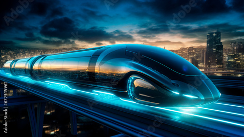 the concept of fast transportation and autonomy  featuring a futuristic bullet train or ultrasonic train capsule. Generative AI