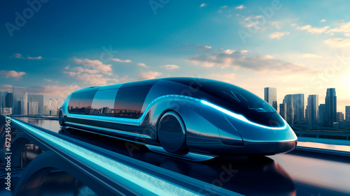 the concept of fast transportation and autonomy, featuring a futuristic bullet train or ultrasonic train capsule. Generative AI © Yuriy Maslov