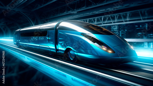 the concept of fast transportation and autonomy, featuring a futuristic bullet train or ultrasonic train capsule. Generative AI © Yuriy Maslov