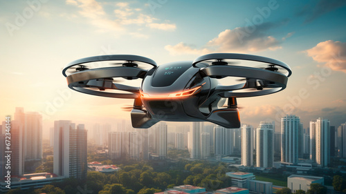 A passenger drone soars in the skies above a modern city, state-of-the-art technology for transportation services. Generative AI