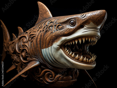 A Detailed Wood Carving of a Shark