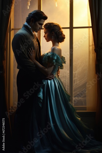 Couple in love. - Retro, vintage, regency, Victorian, aged, fantasy. Fantasy couple illustration.  photo