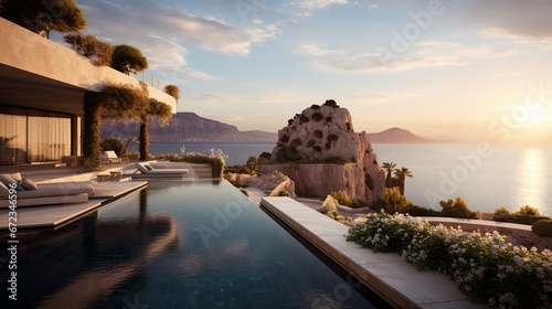Secluded villa infinity pool at sunset  photo